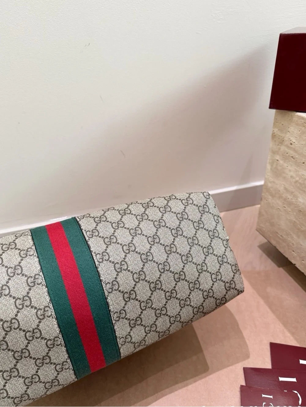 Gucci Ophidia Beige GG Canvas Tote with Green and Red Stripe